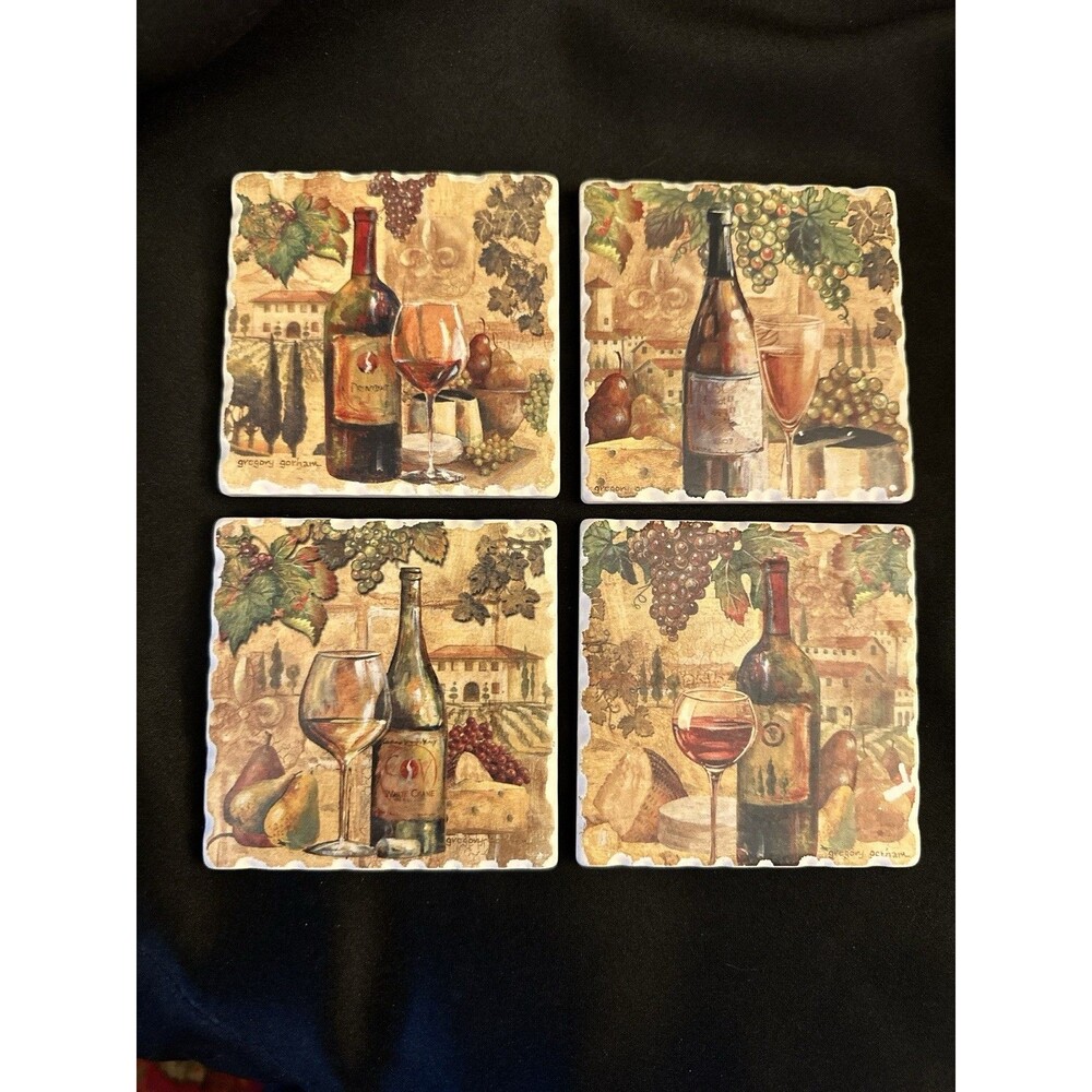 Set of 4 Tuscan Wine Theme Cork Back Tile Coasters – Vineyard Grapes Bottle Art